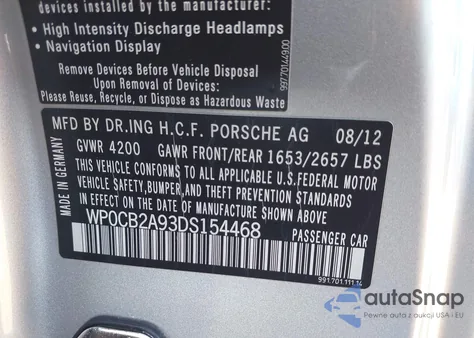 2013 Porsche 911 Carrera S z USA, uszkodzony, nr VIN WP0CB2A93DS154468